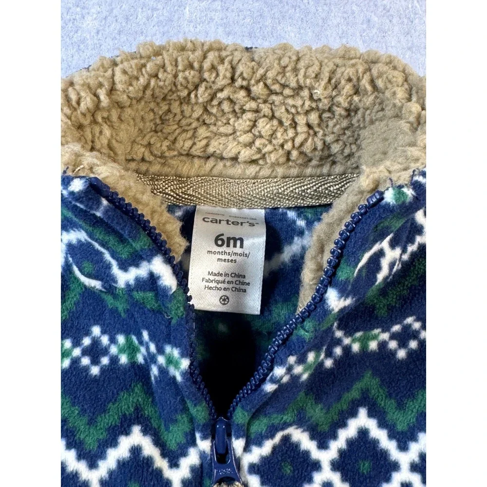 Carters Baby Boys 6M Fleece Zip Up Jacket Fair Isle Navy Blue Green Sherpa Neck